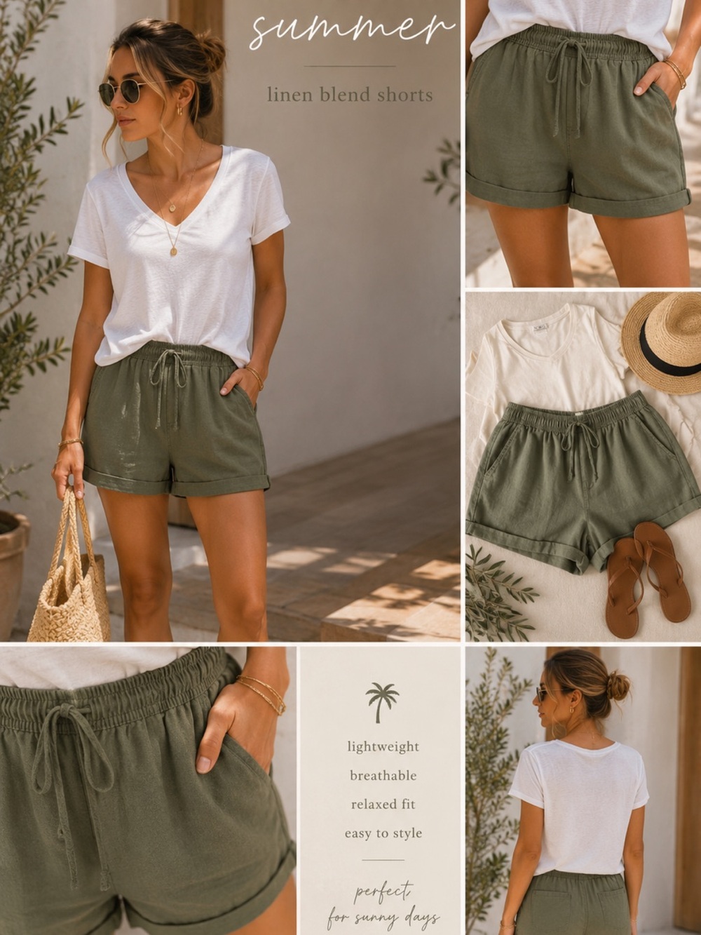 da-sh Linen Blend Olive Green Pull On Shorts XL Casual Summer